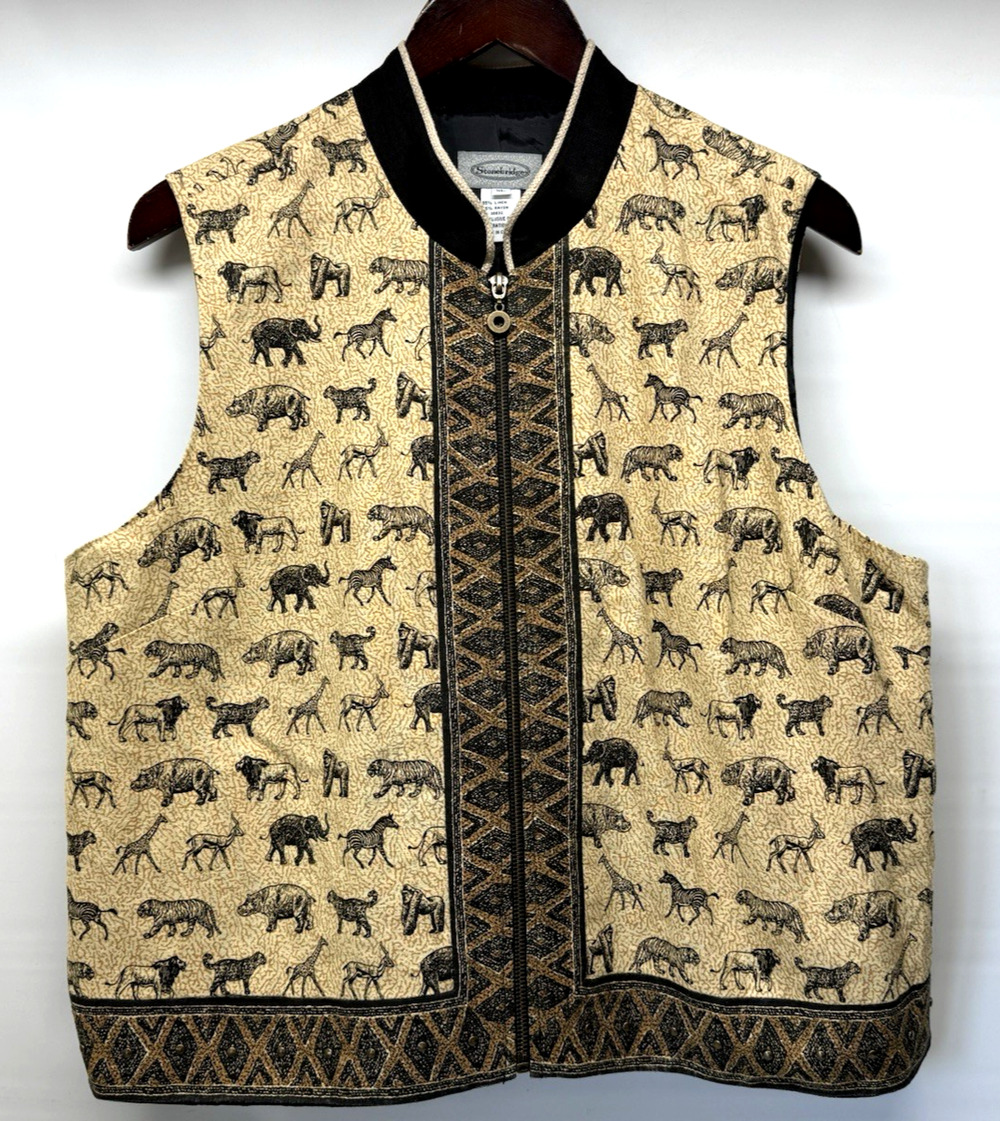 STONEBRIDGE Linen Blend Women's XL Vest African Safari Animals Brown Tan Black